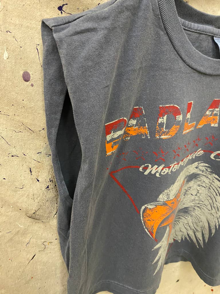 Badlands moto club midriff pinned sleeve muscle top