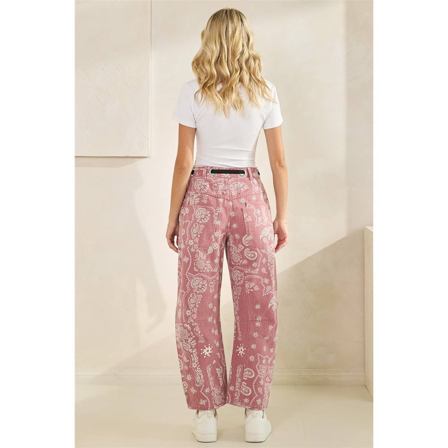 Printed Denim Pants with Belt Detail