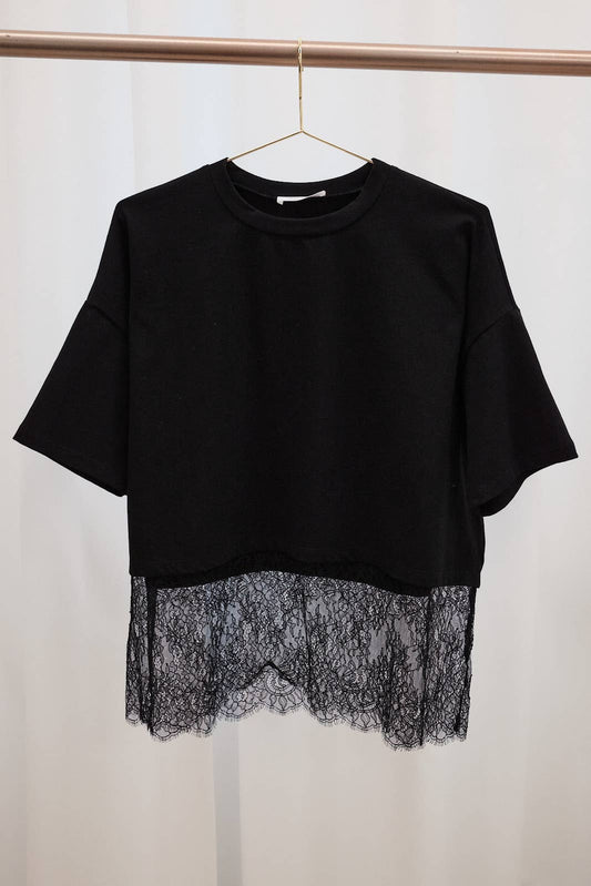 Oversized Lace Hem Short Sleeve Top