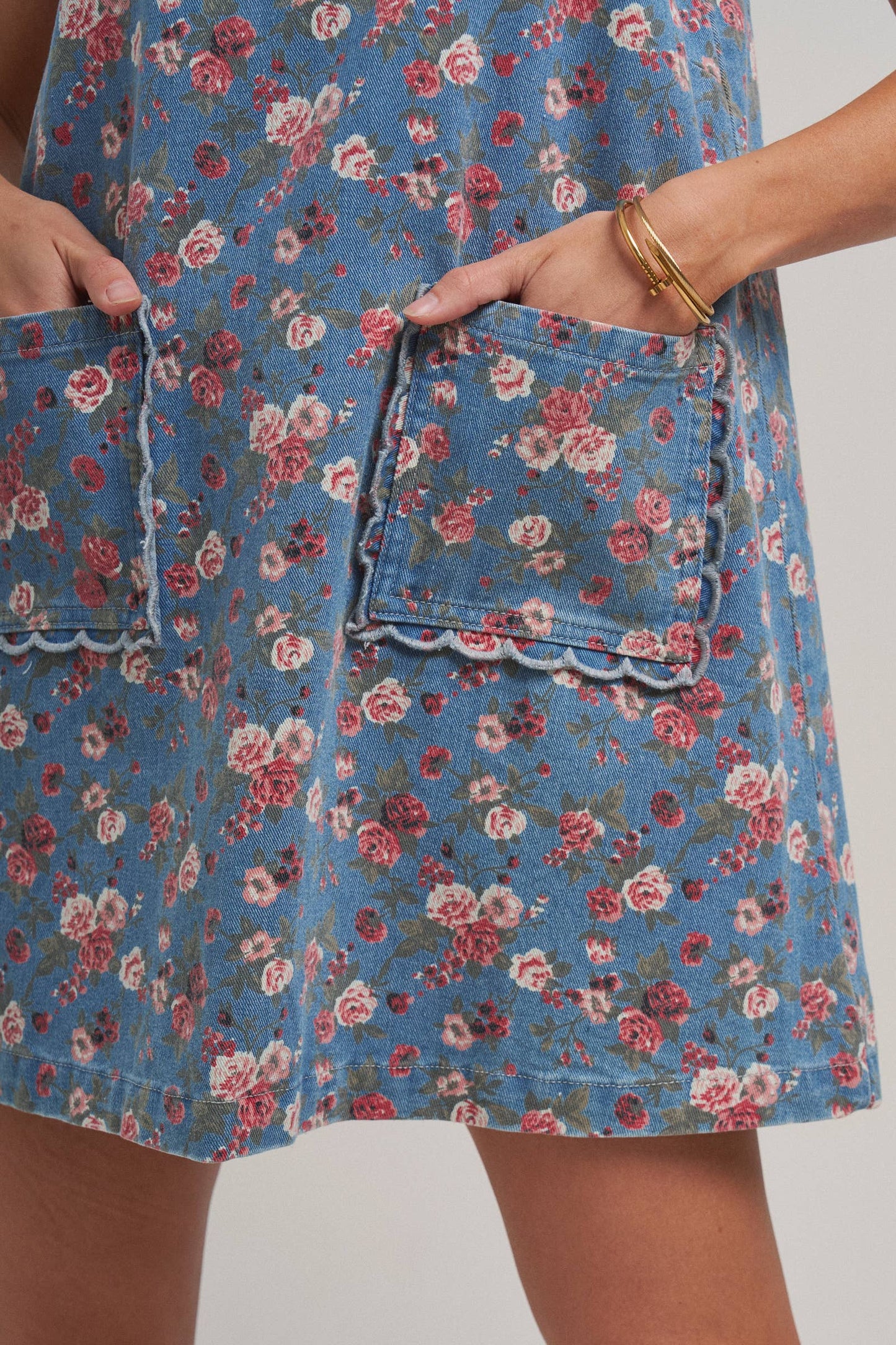 FLORAL DENIM MINI DRESS WITH SCALLOPED EMBROIDERY DETAIL