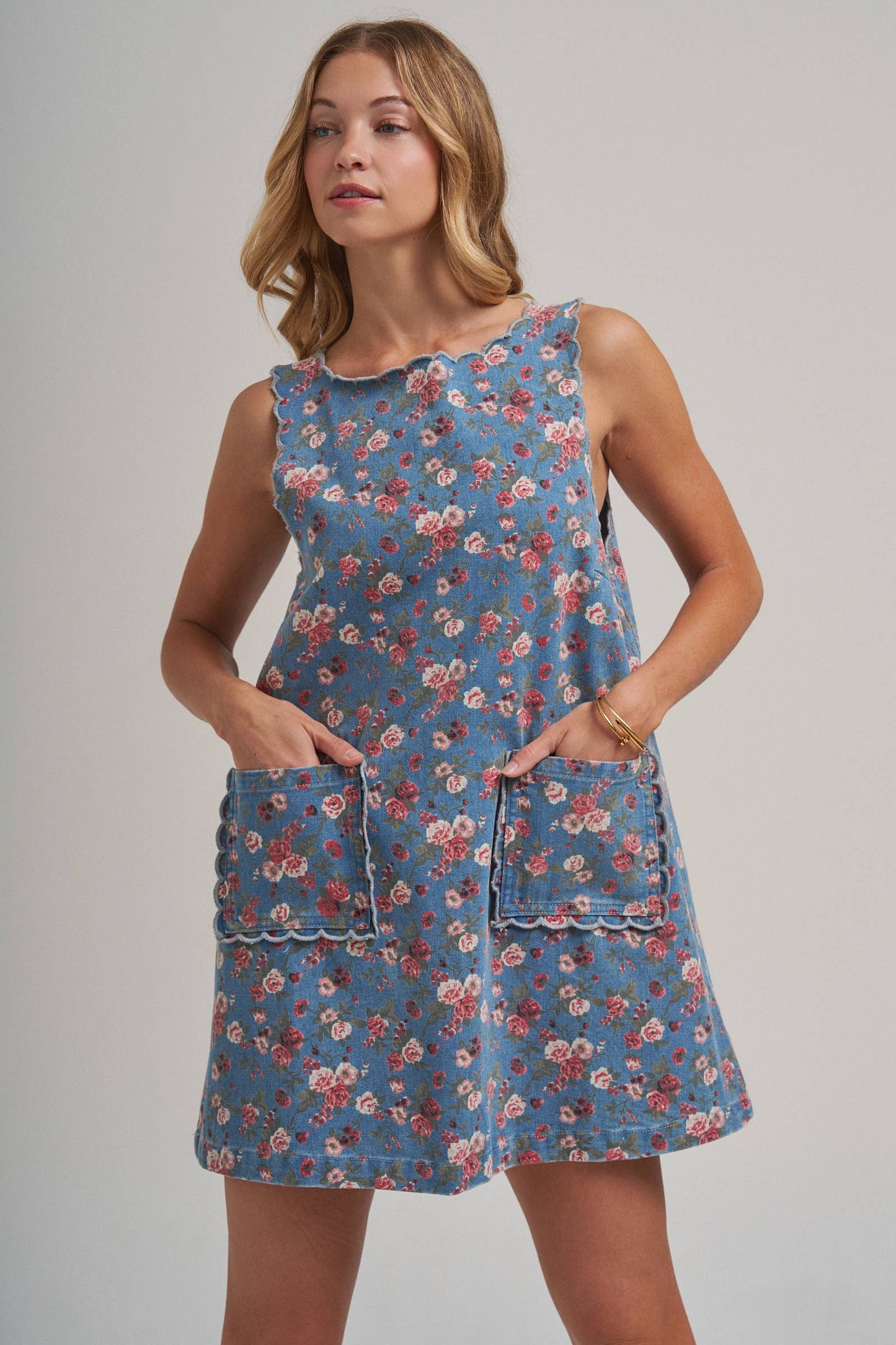 FLORAL DENIM MINI DRESS WITH SCALLOPED EMBROIDERY DETAIL