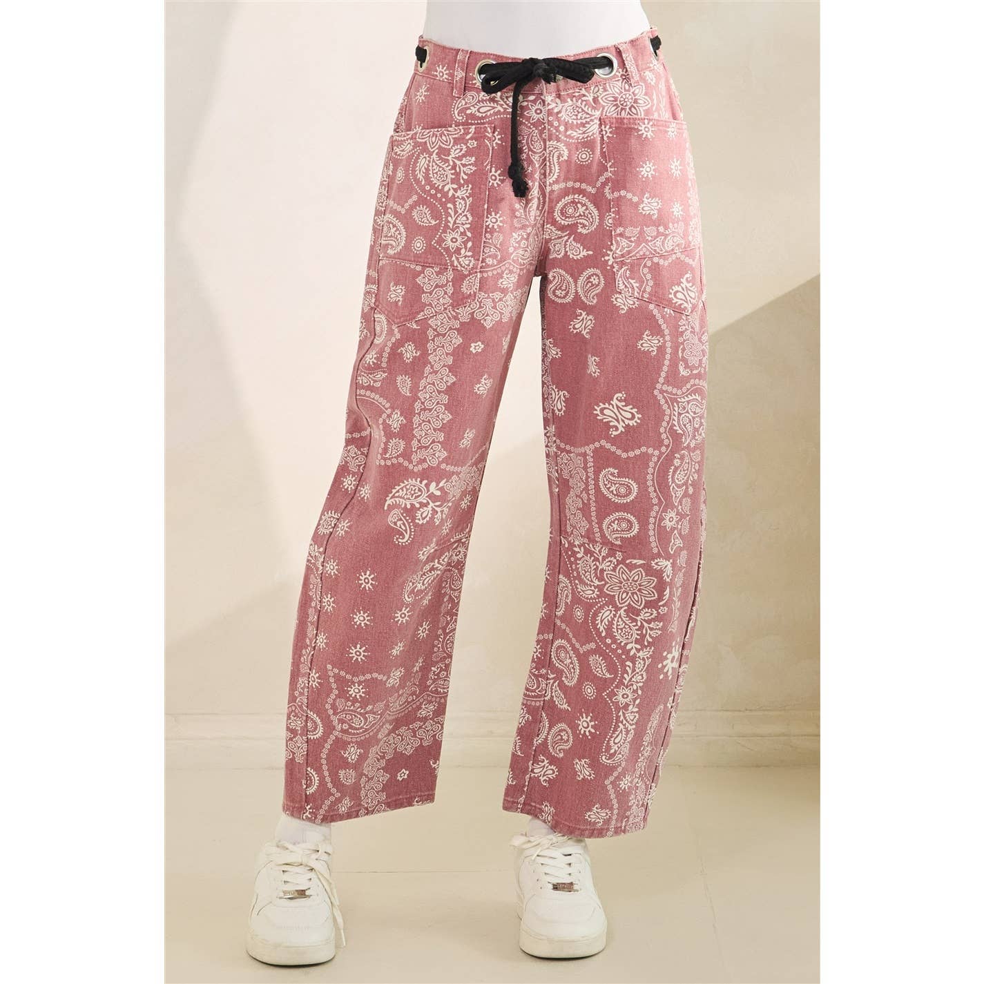 Printed Denim Pants with Belt Detail