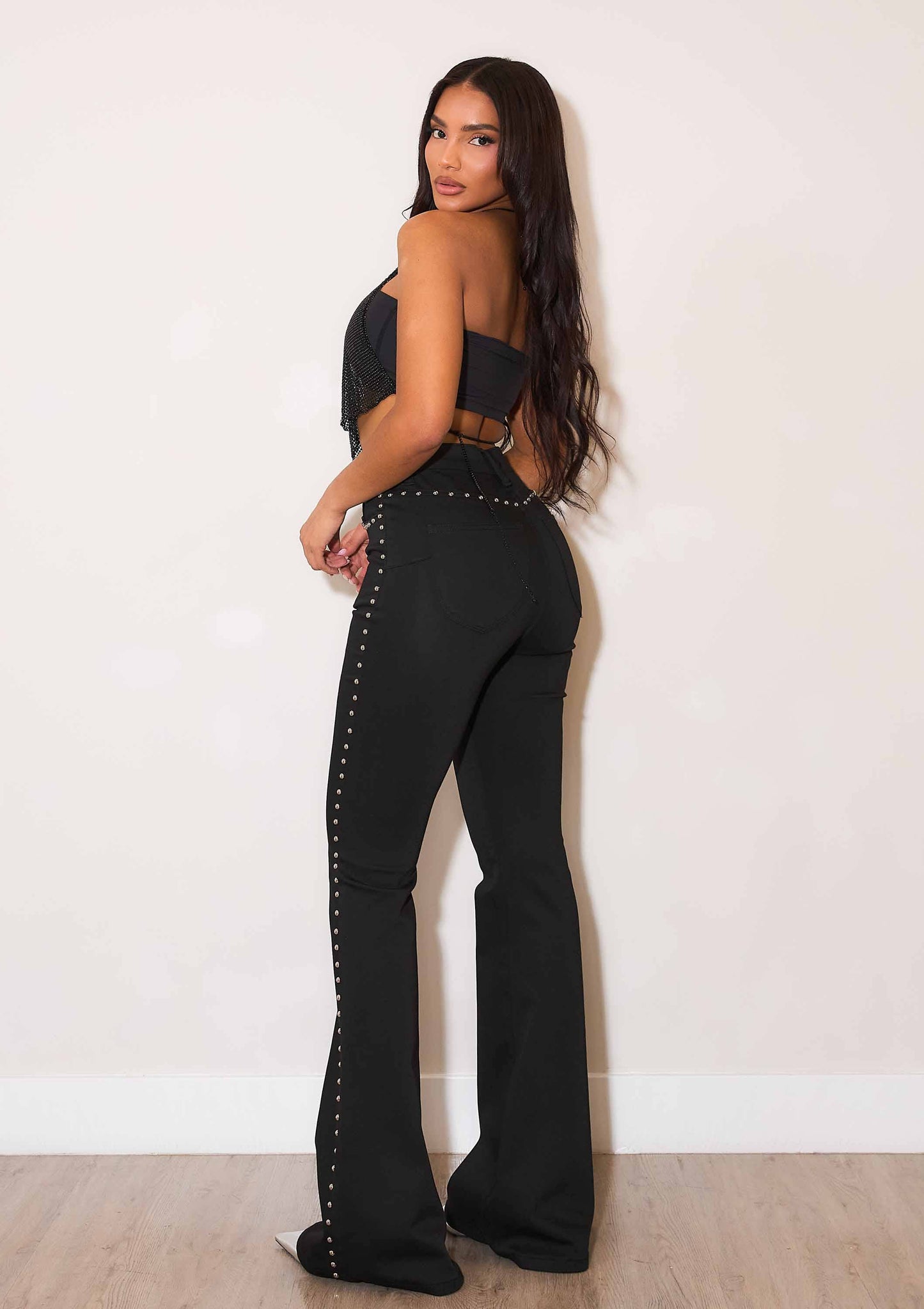 Black High-Rise Flare Jeans With Studs