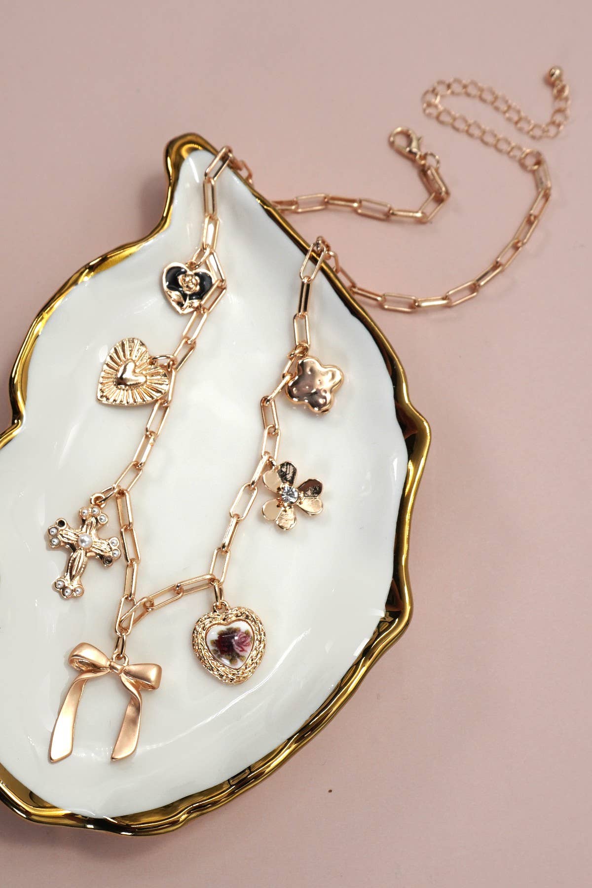 CHARM NECKLACE-PORCELAIN FLORAL BOW CROSS HEART