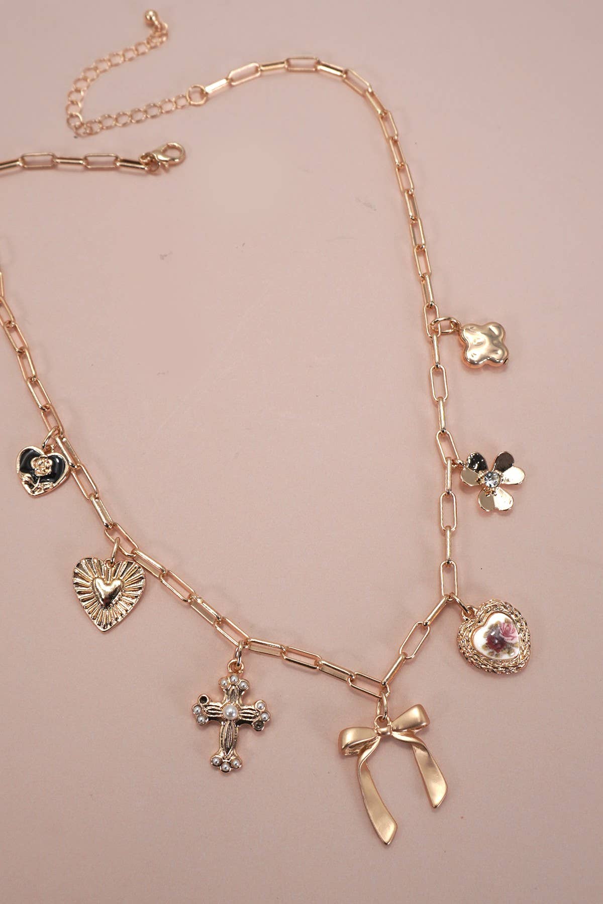 CHARM NECKLACE-PORCELAIN FLORAL BOW CROSS HEART