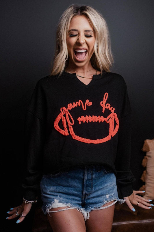 Game Day Rope Embroidery Crop Sweatshirt Black