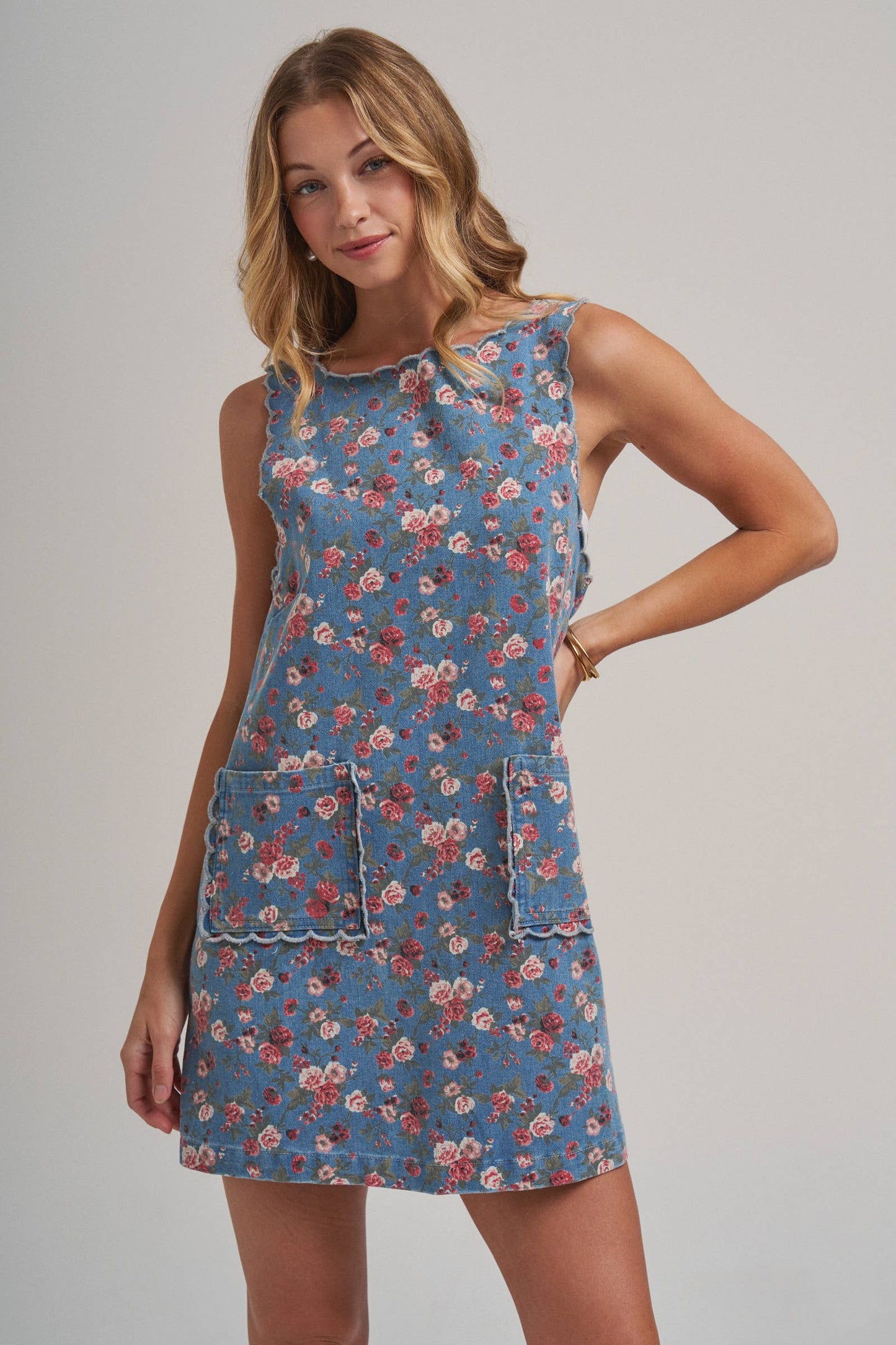 FLORAL DENIM MINI DRESS WITH SCALLOPED EMBROIDERY DETAIL