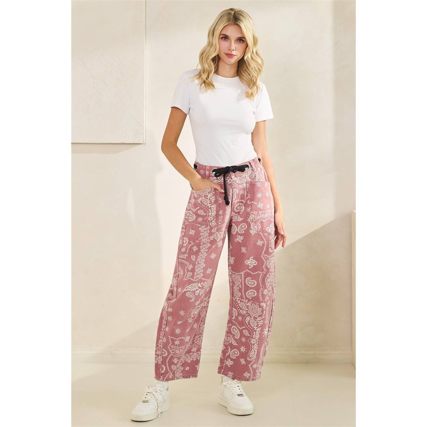 Printed Denim Pants with Belt Detail