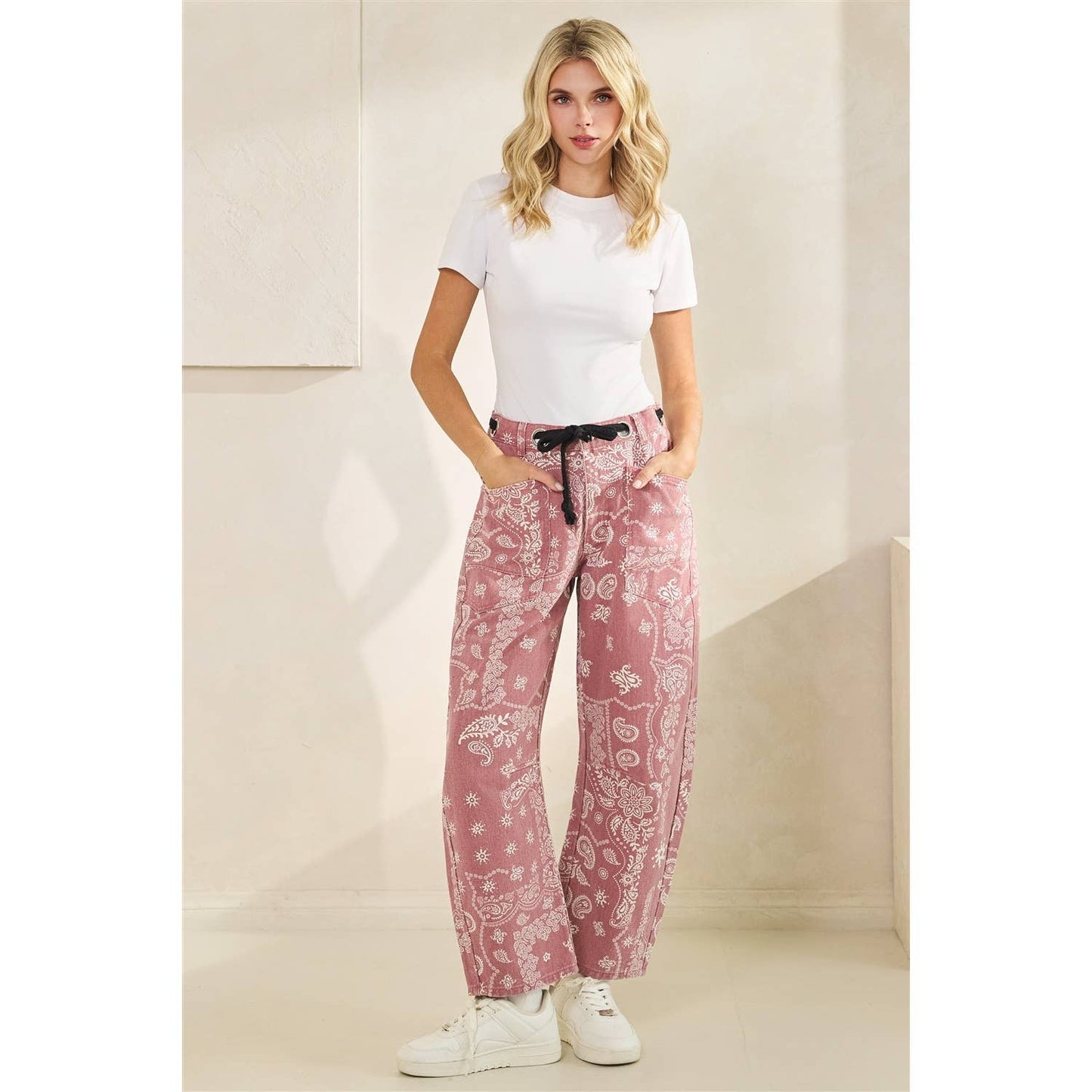 Printed Denim Pants with Belt Detail