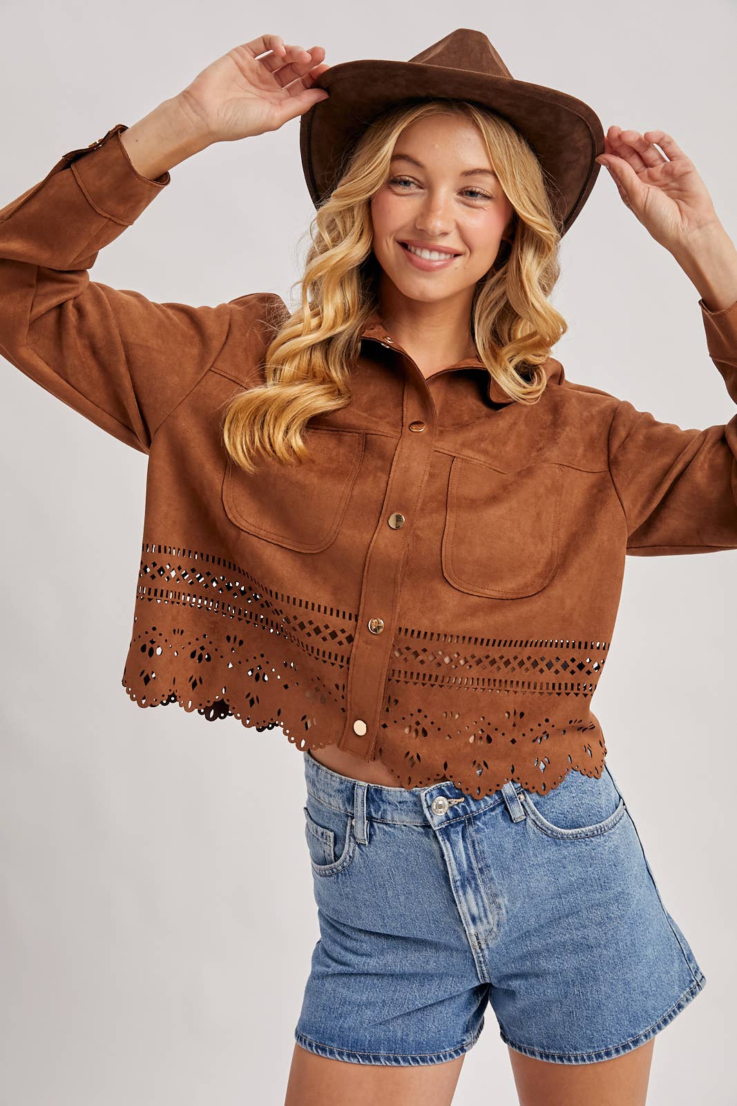 WESTERN BUTTON DOWN DIE-CUT FAUX SUEDE CROPPED JACKET