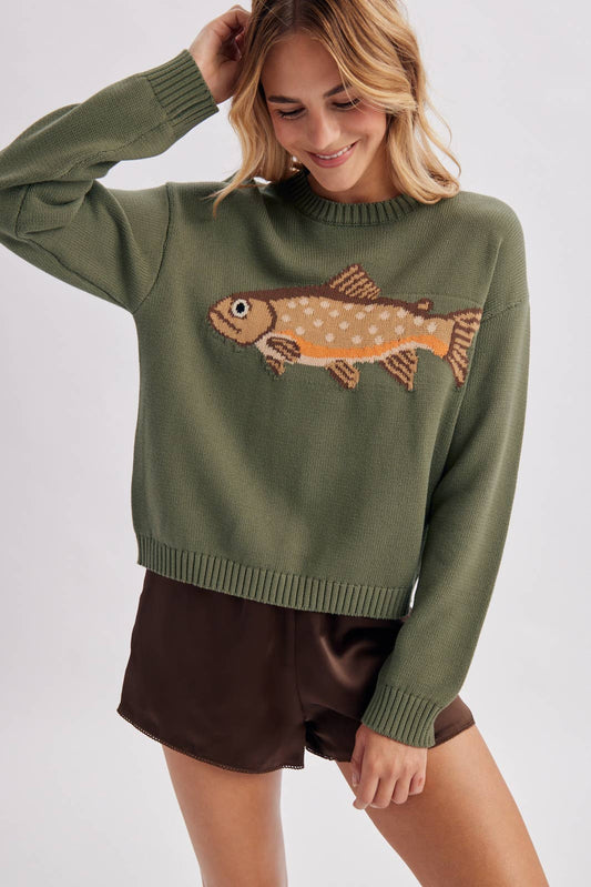 'FISH' GRAPHIC COASTAL CREWNECK SWEATER