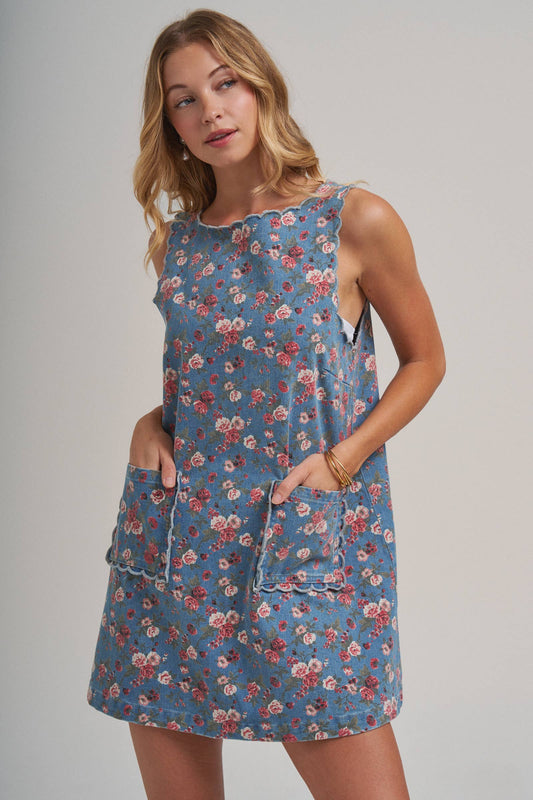 FLORAL DENIM MINI DRESS WITH SCALLOPED EMBROIDERY DETAIL