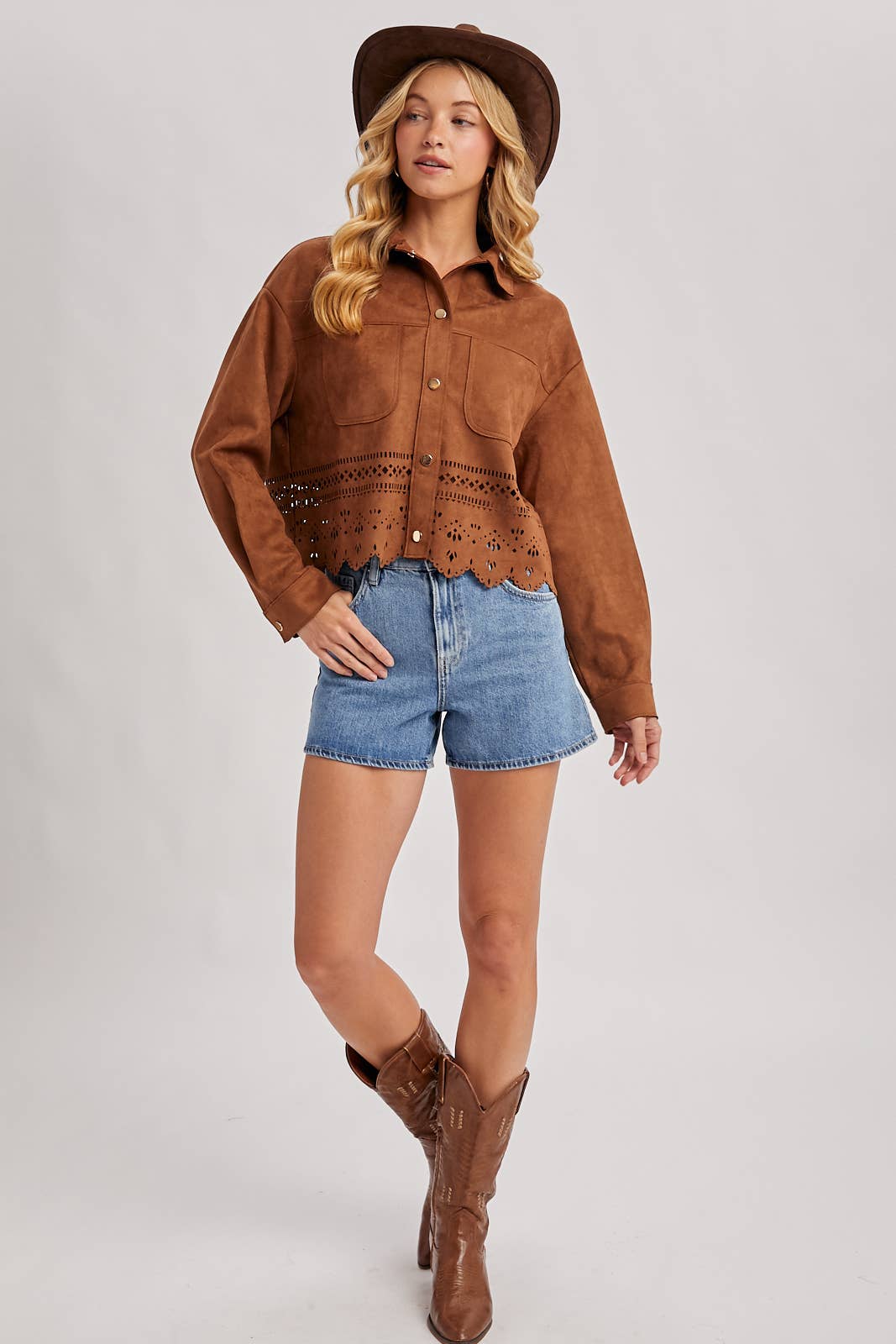 WESTERN BUTTON DOWN DIE-CUT FAUX SUEDE CROPPED JACKET