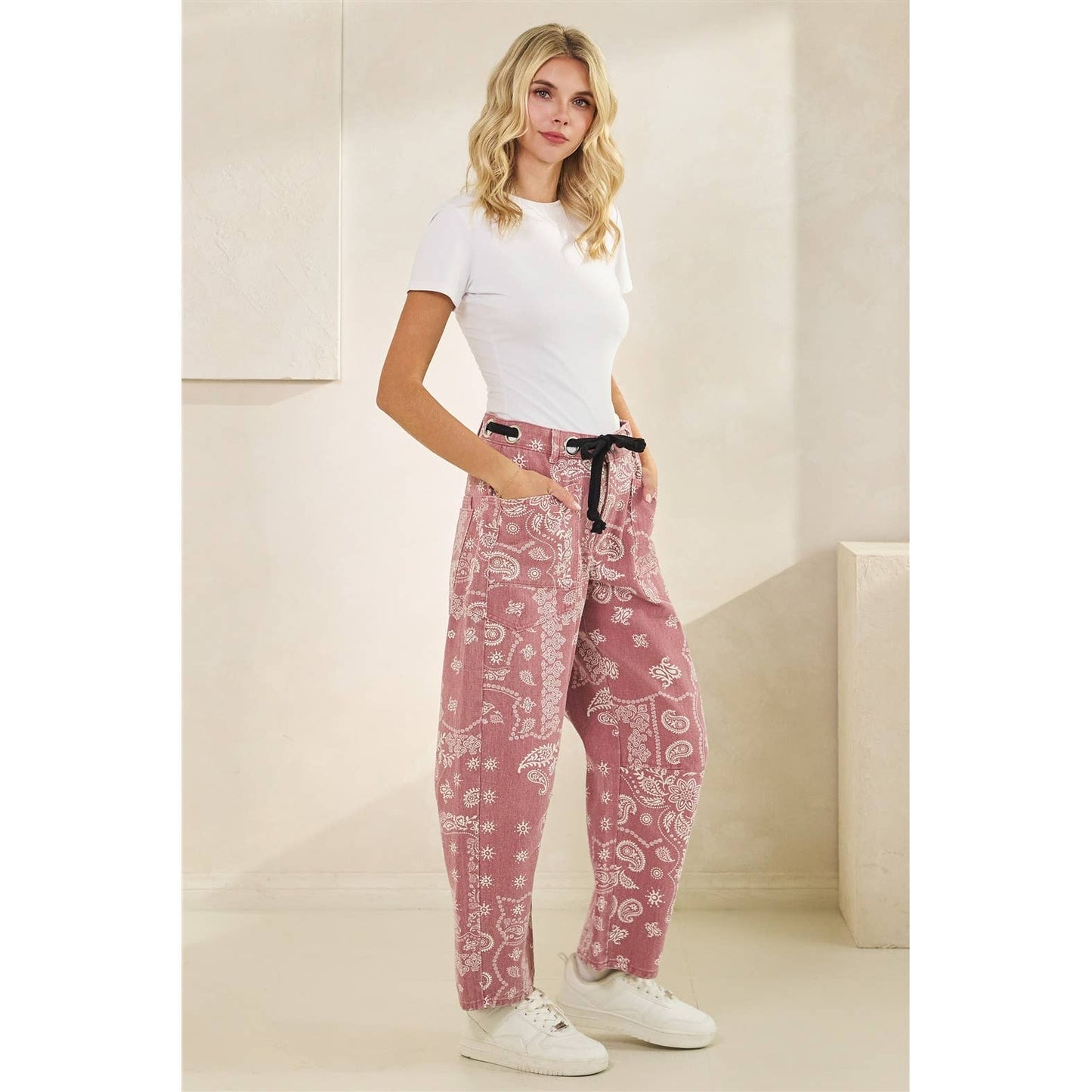 Printed Denim Pants with Belt Detail