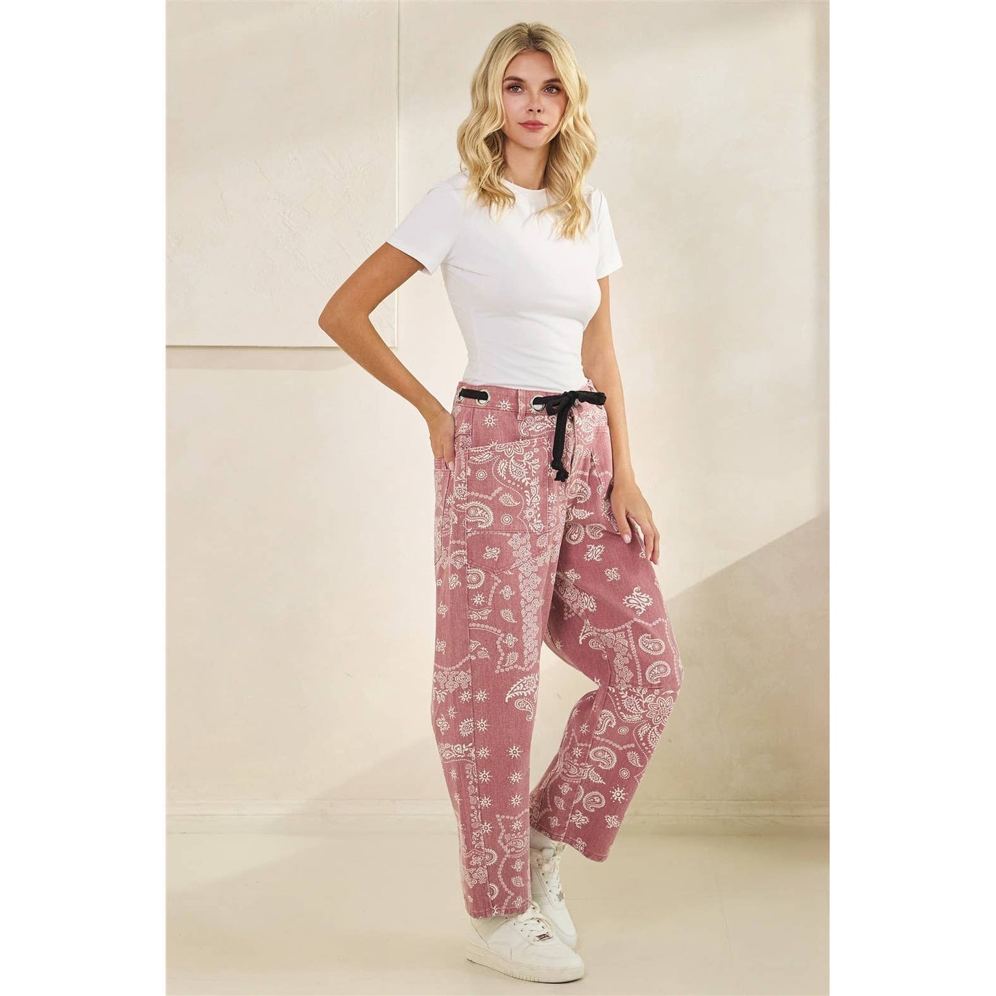 Printed Denim Pants with Belt Detail