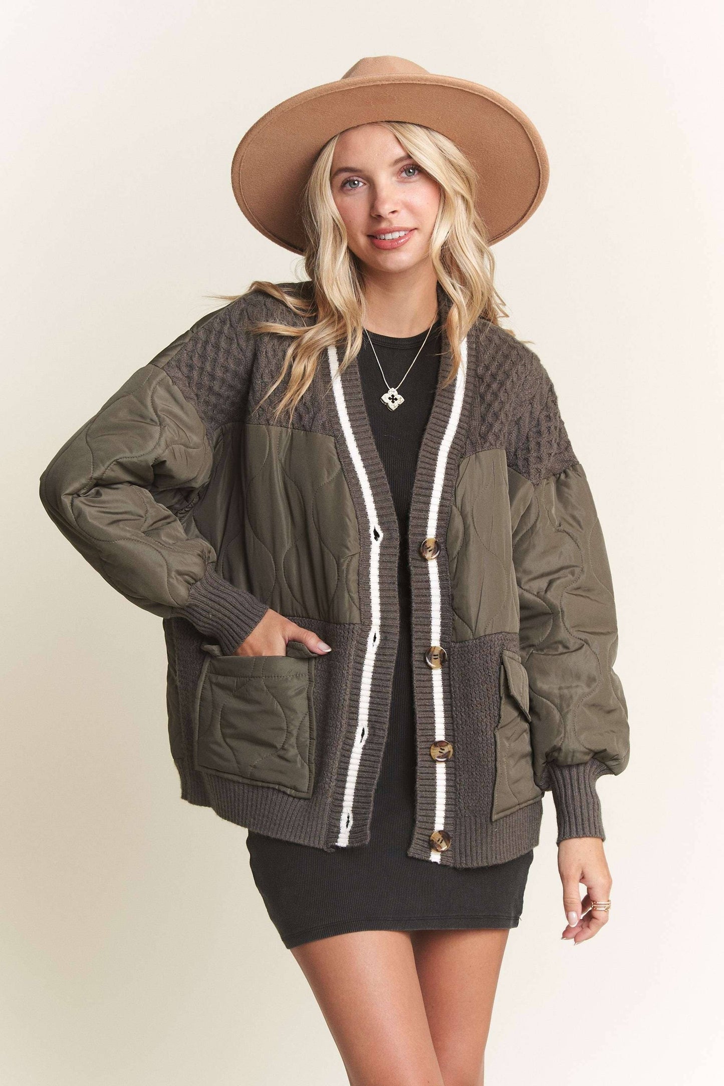 BUTTON DOWN QUILTED SWEATER CARDIGAN