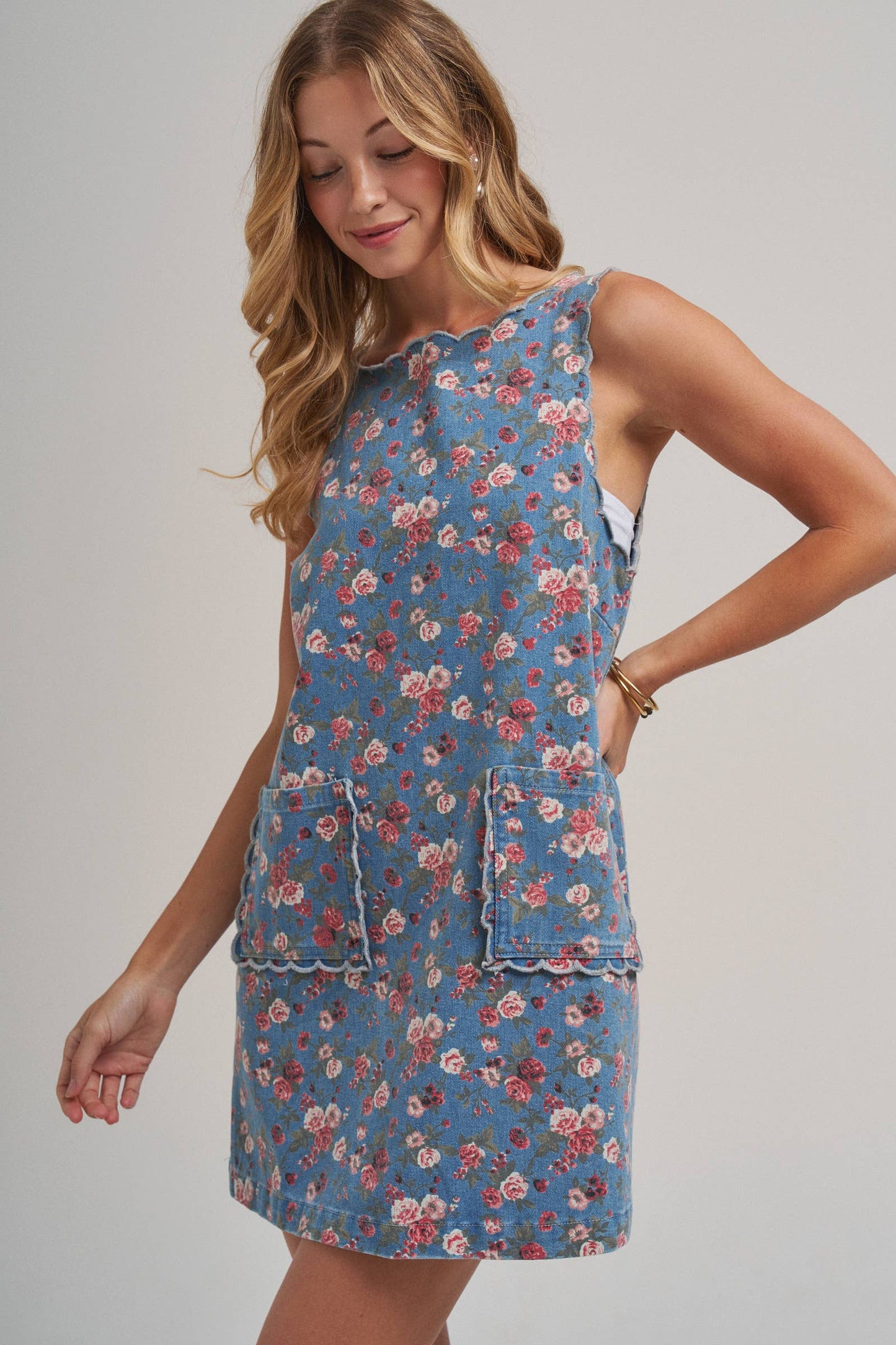 FLORAL DENIM MINI DRESS WITH SCALLOPED EMBROIDERY DETAIL