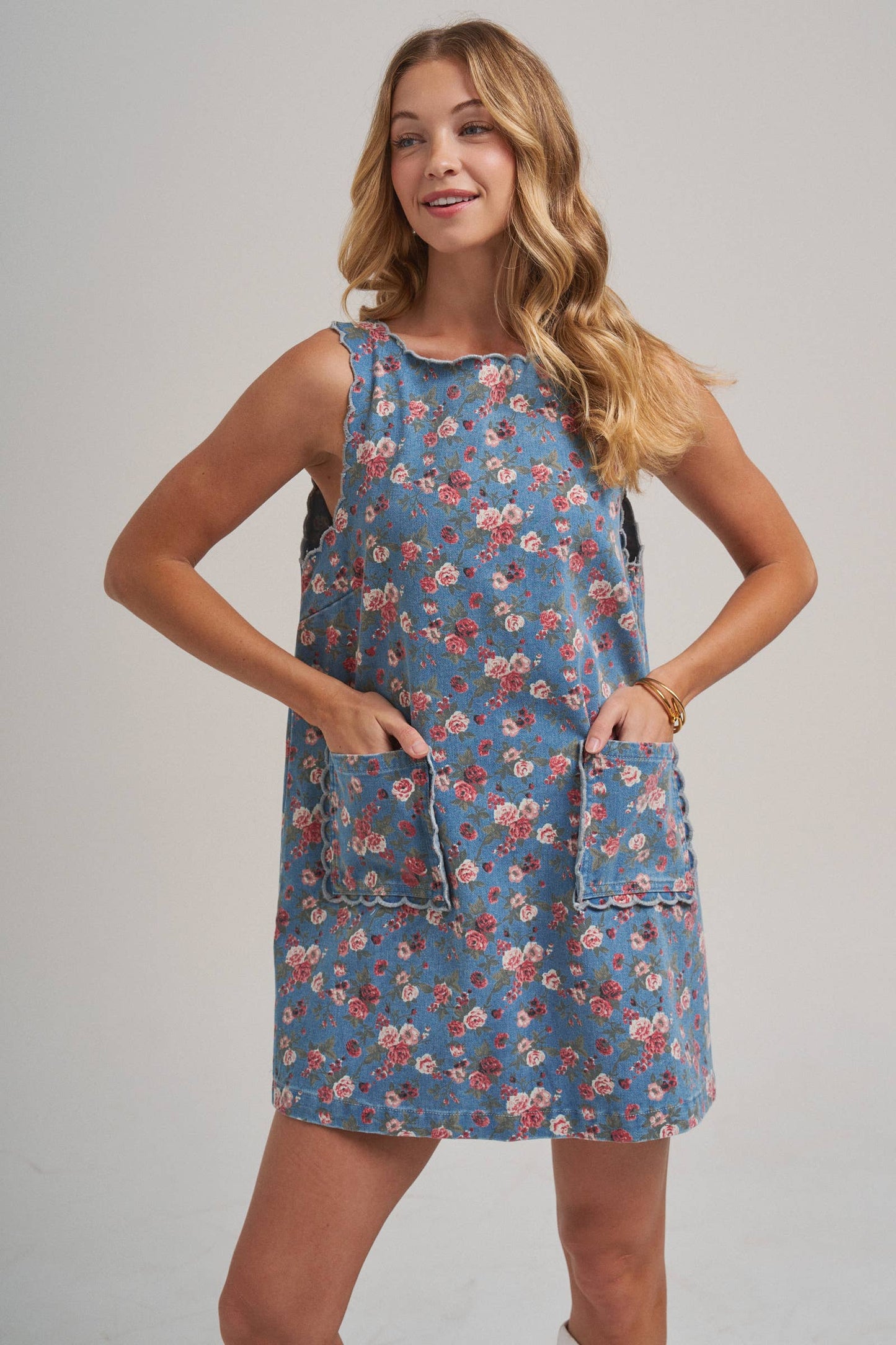 FLORAL DENIM MINI DRESS WITH SCALLOPED EMBROIDERY DETAIL