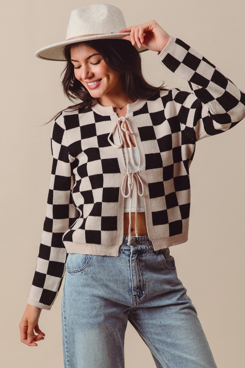 Checkered Knitted Round Neck Cardigan