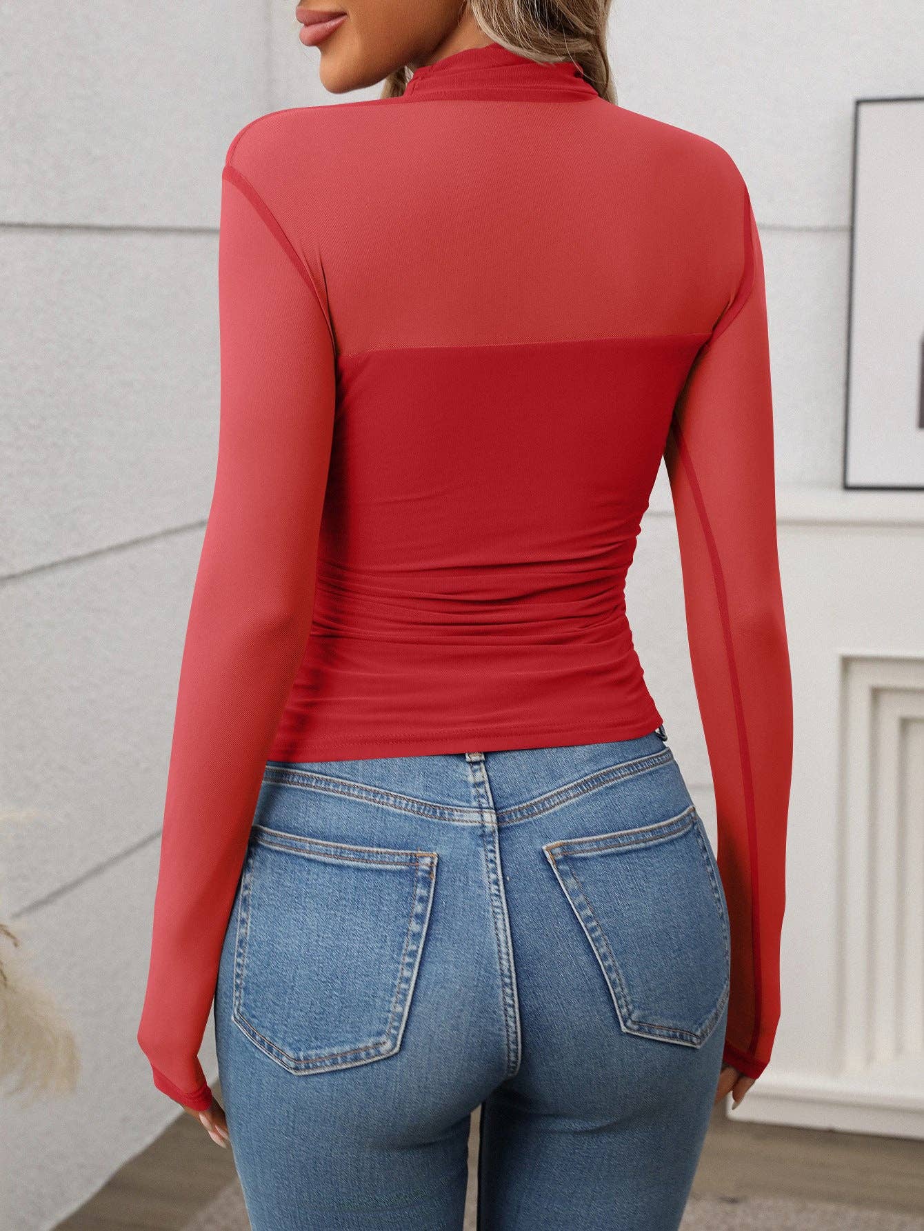 Women's Half High Neck Sheer Long Sleeve