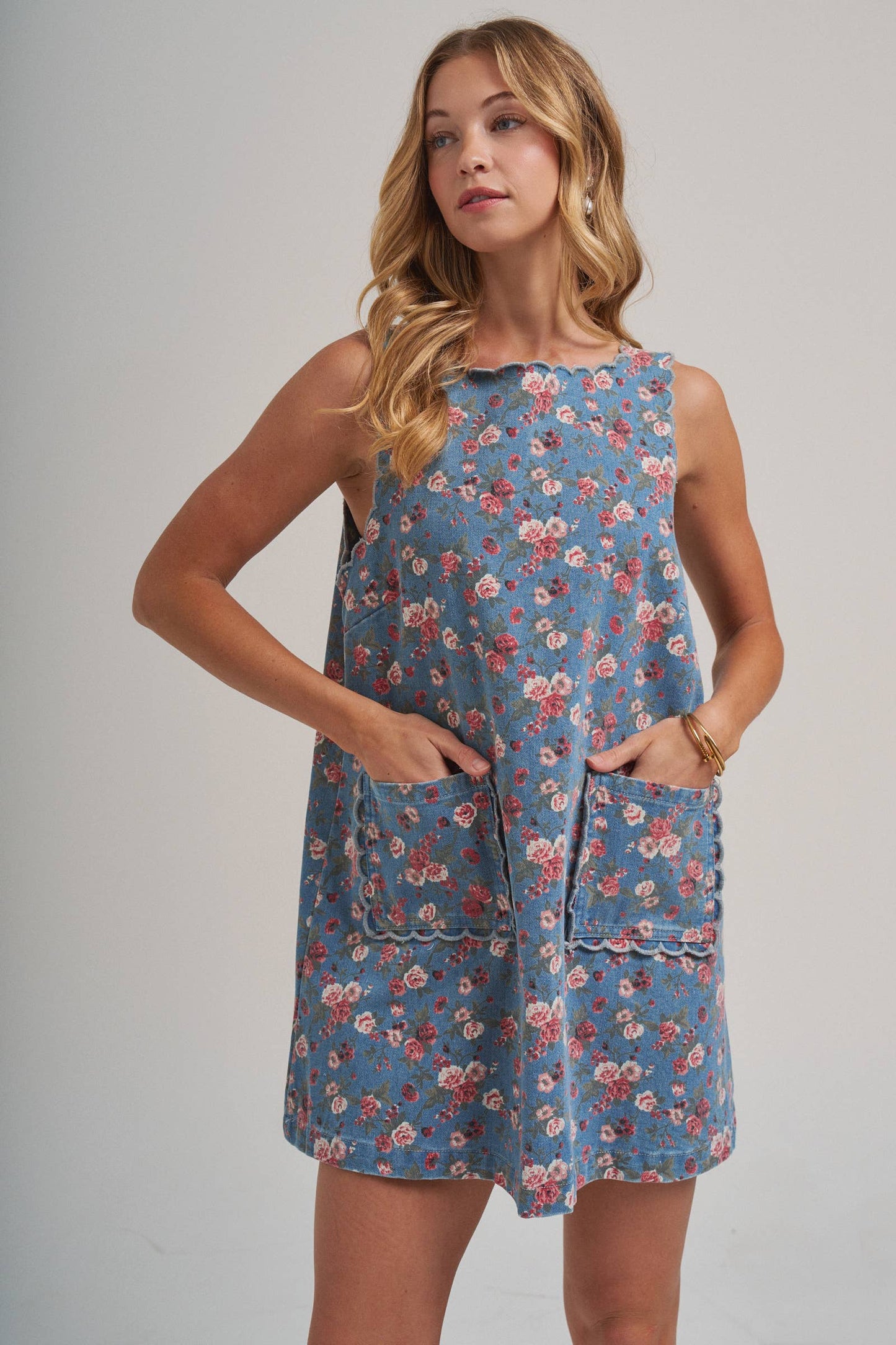 FLORAL DENIM MINI DRESS WITH SCALLOPED EMBROIDERY DETAIL