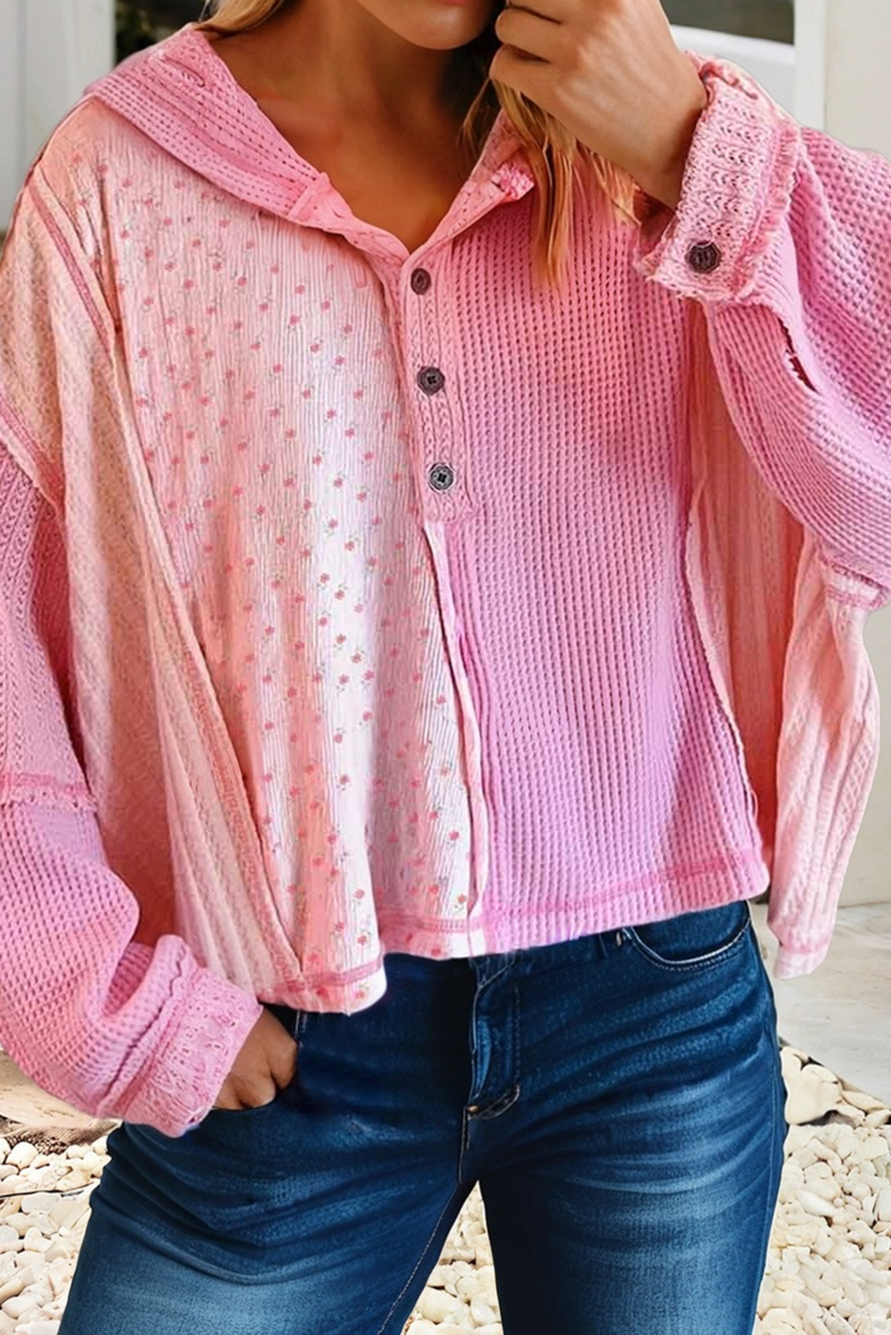 Waffle Floral Patchwork Hooded Oversize Pullover