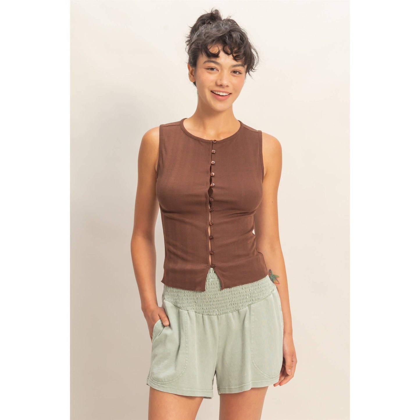 Sleeveless Pointelle Button Front Top