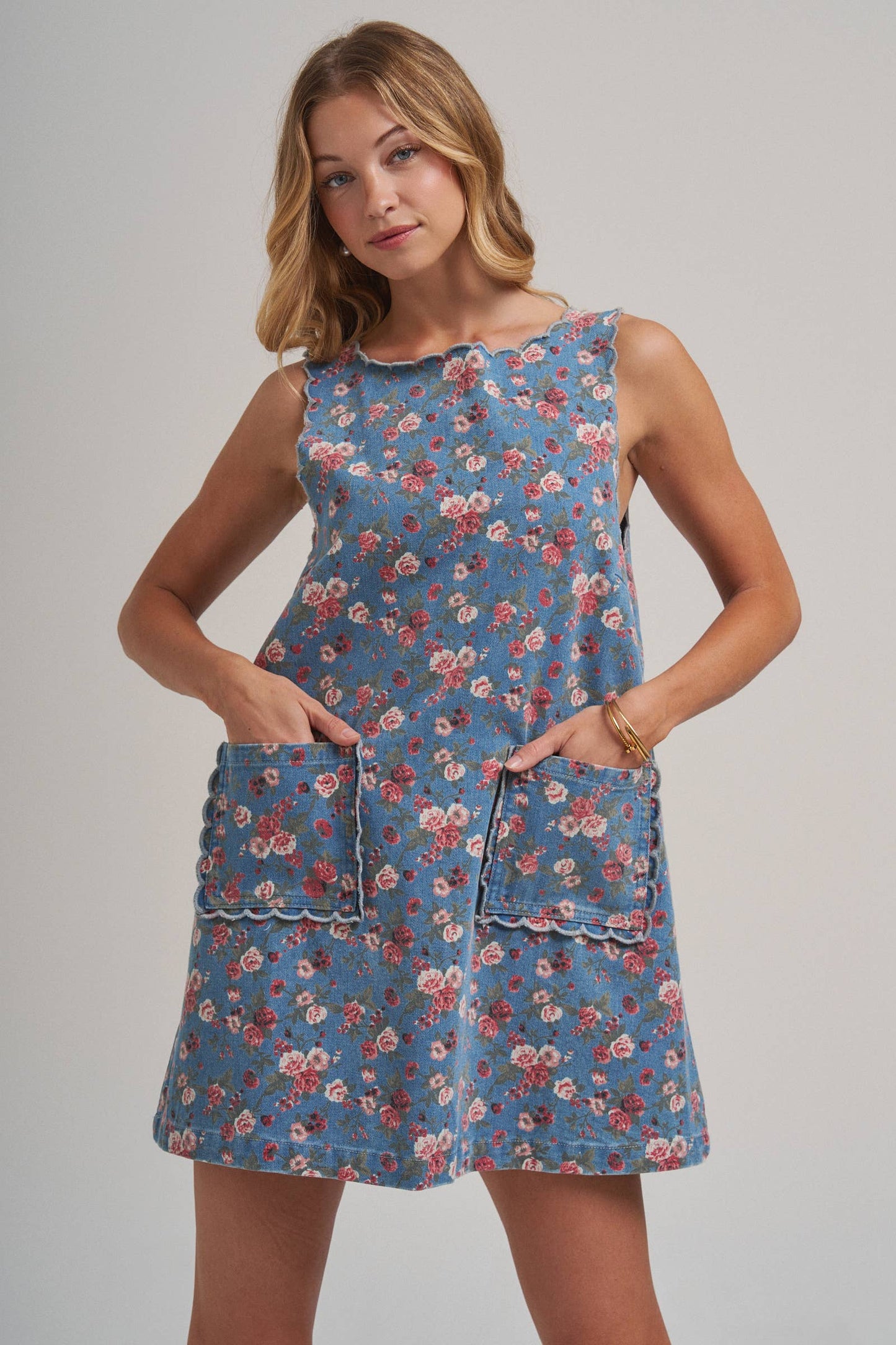FLORAL DENIM MINI DRESS WITH SCALLOPED EMBROIDERY DETAIL