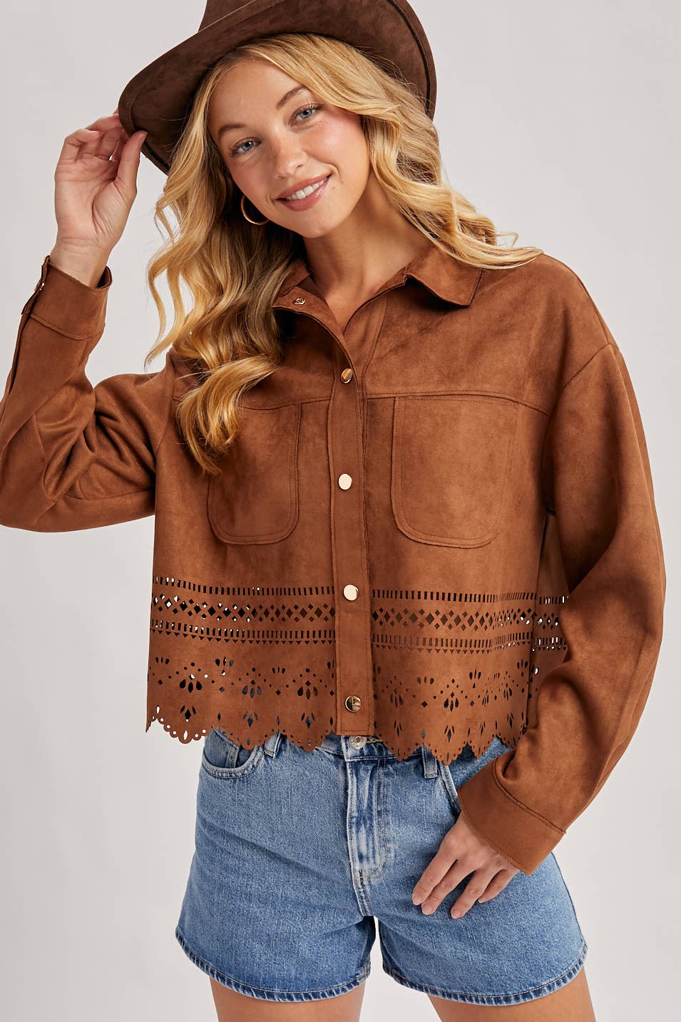 WESTERN BUTTON DOWN DIE-CUT FAUX SUEDE CROPPED JACKET