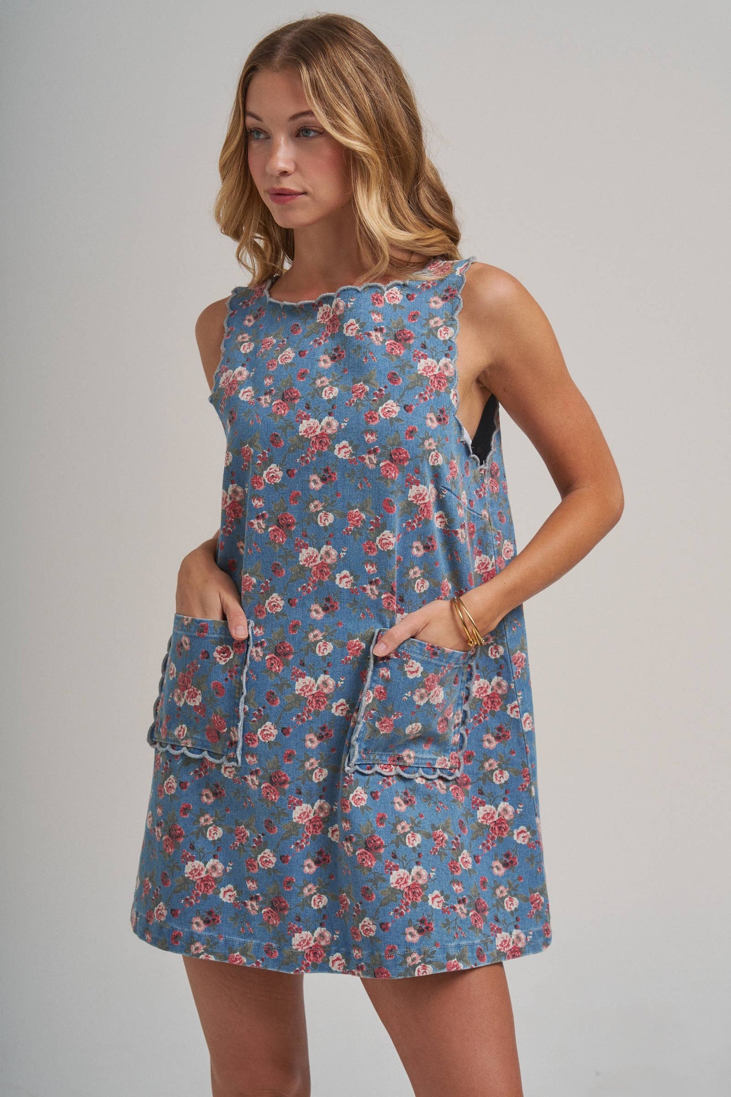 FLORAL DENIM MINI DRESS WITH SCALLOPED EMBROIDERY DETAIL