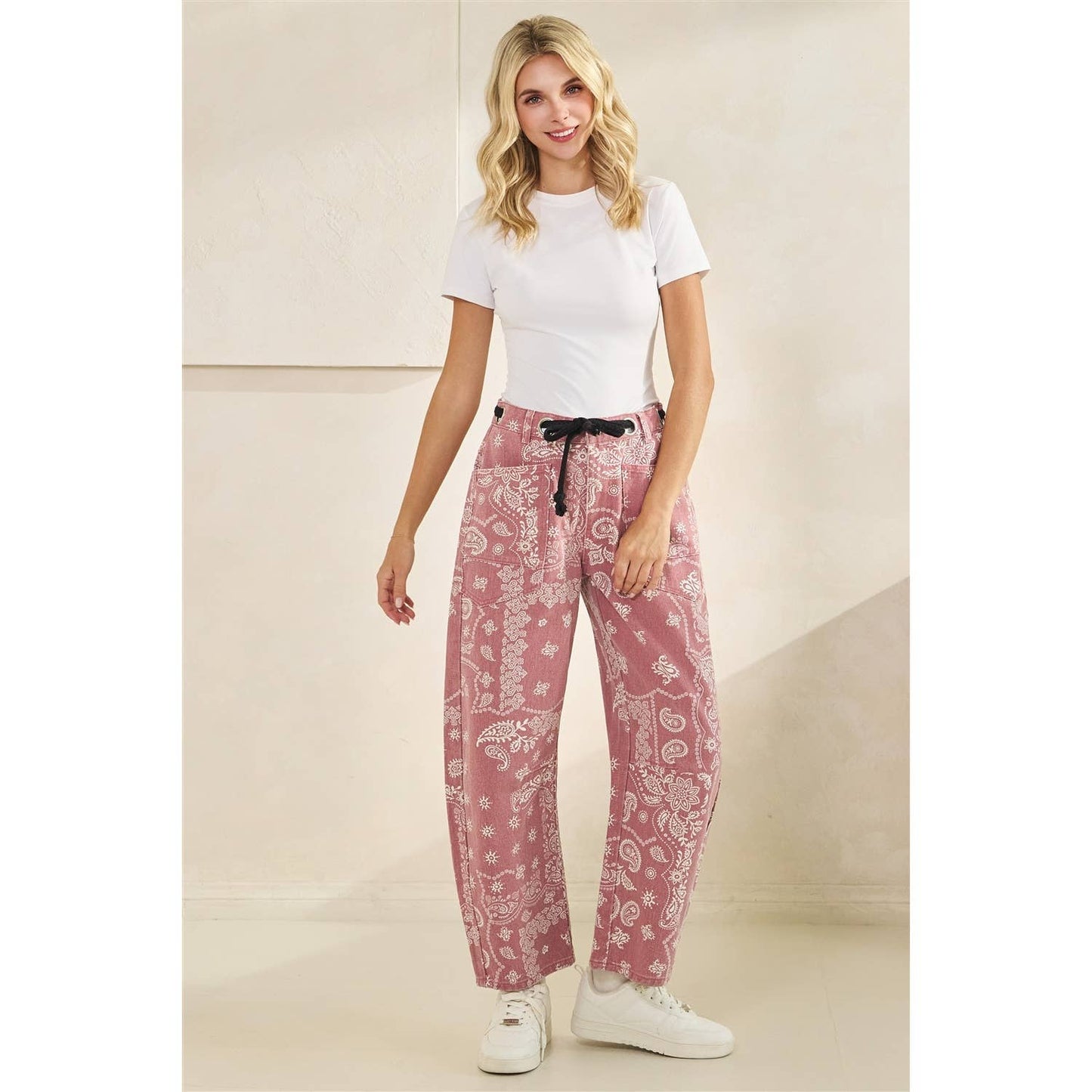 Printed Denim Pants with Belt Detail
