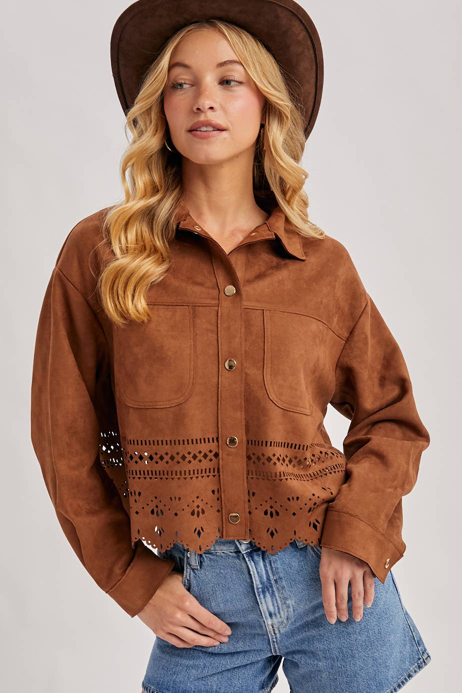 WESTERN BUTTON DOWN DIE-CUT FAUX SUEDE CROPPED JACKET