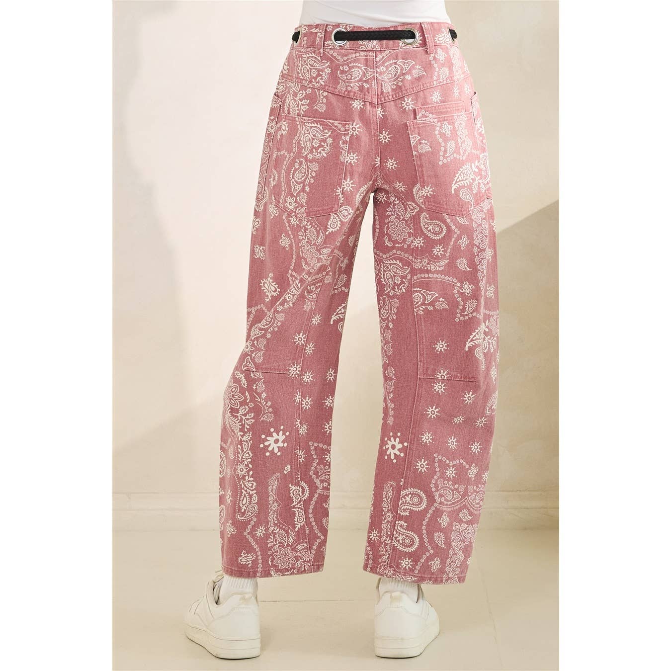 Printed Denim Pants with Belt Detail