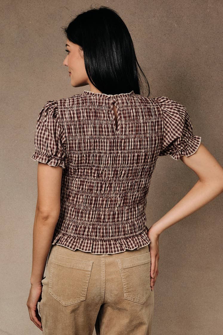 SHORT PUFF SLEEVE SMOCKED PLAID TOP W. RUFFLE DETAIL