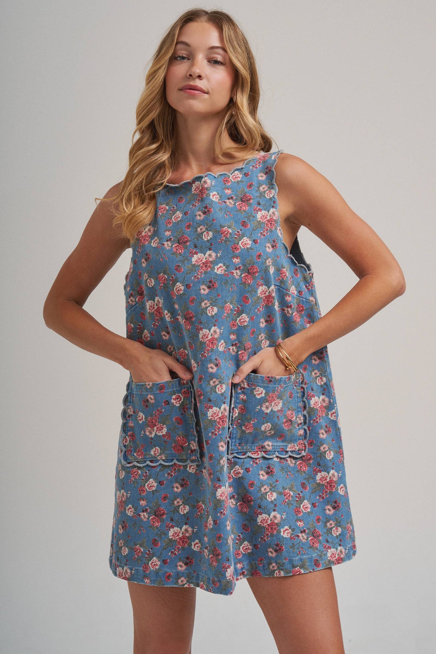 FLORAL DENIM MINI DRESS WITH SCALLOPED EMBROIDERY DETAIL
