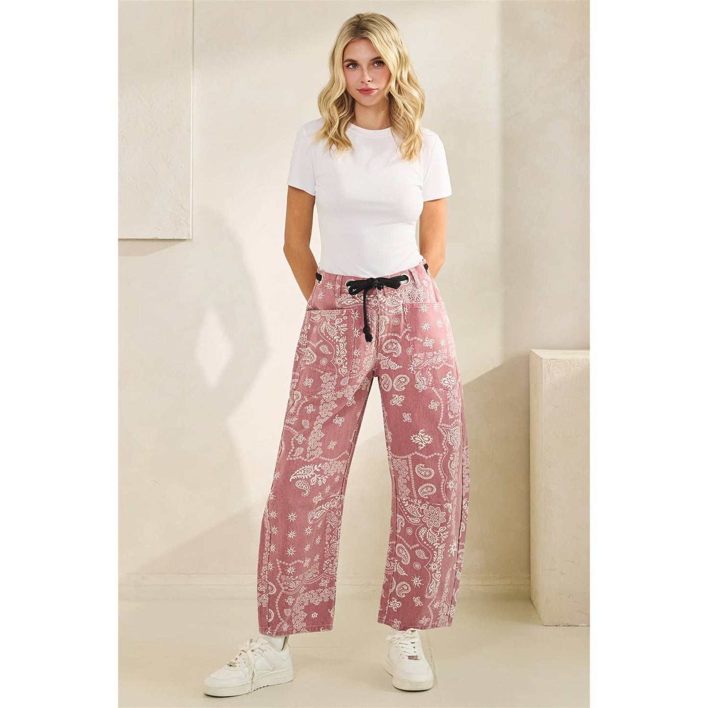 Printed Denim Pants with Belt Detail