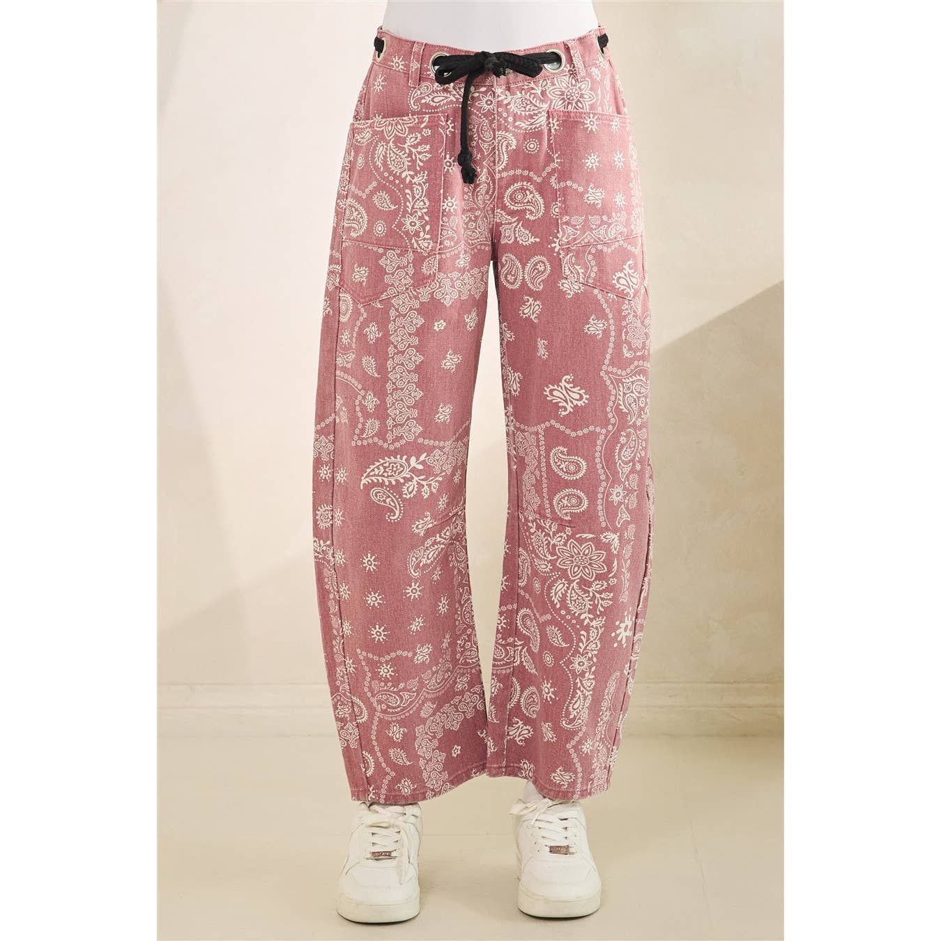 Printed Denim Pants with Belt Detail