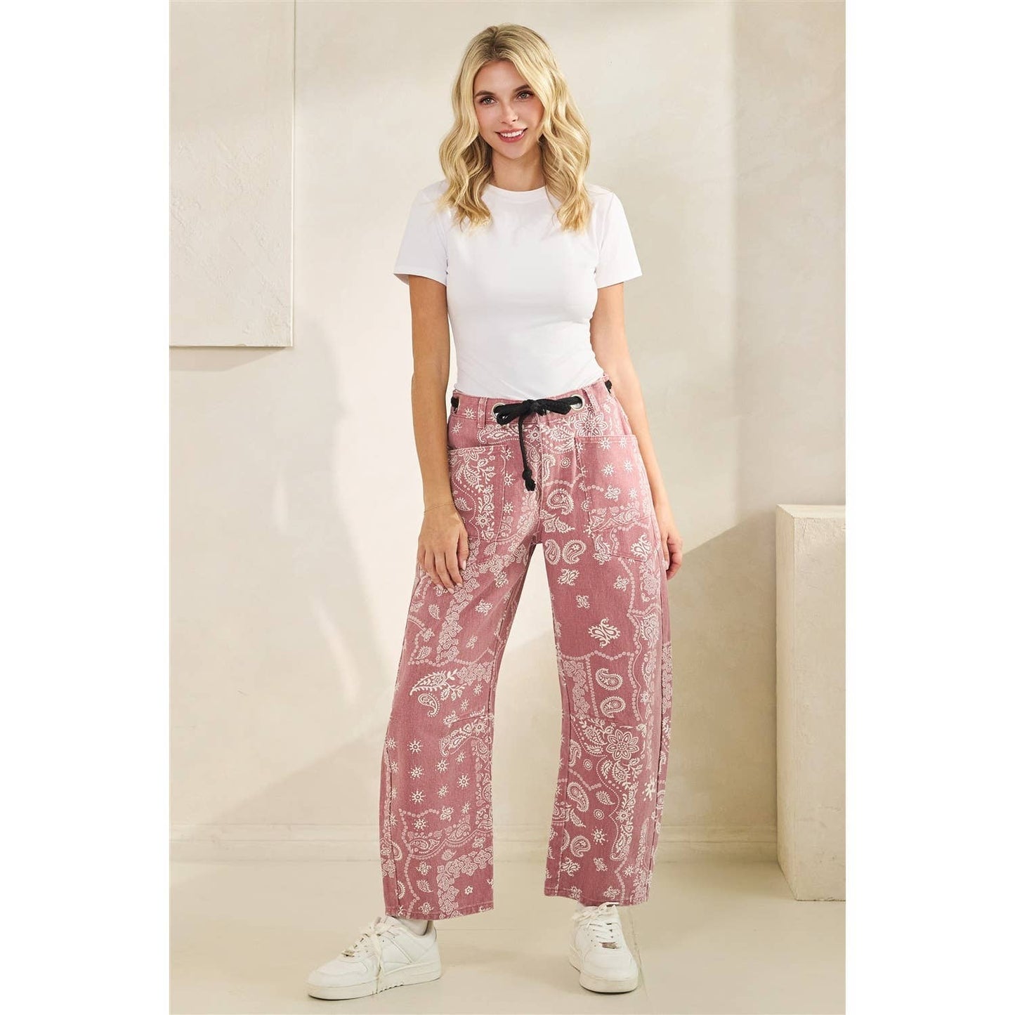 Printed Denim Pants with Belt Detail