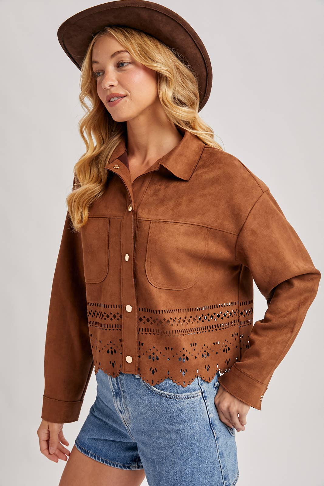 WESTERN BUTTON DOWN DIE-CUT FAUX SUEDE CROPPED JACKET