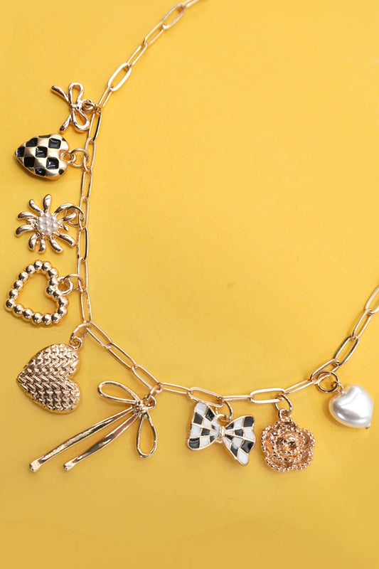 CHARM NECKLACE-BOW CHECKER HEART FLORAL