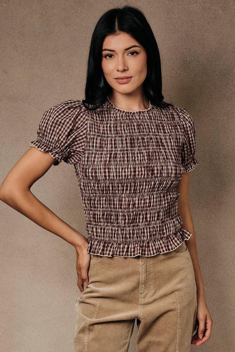 SHORT PUFF SLEEVE SMOCKED PLAID TOP W. RUFFLE DETAIL