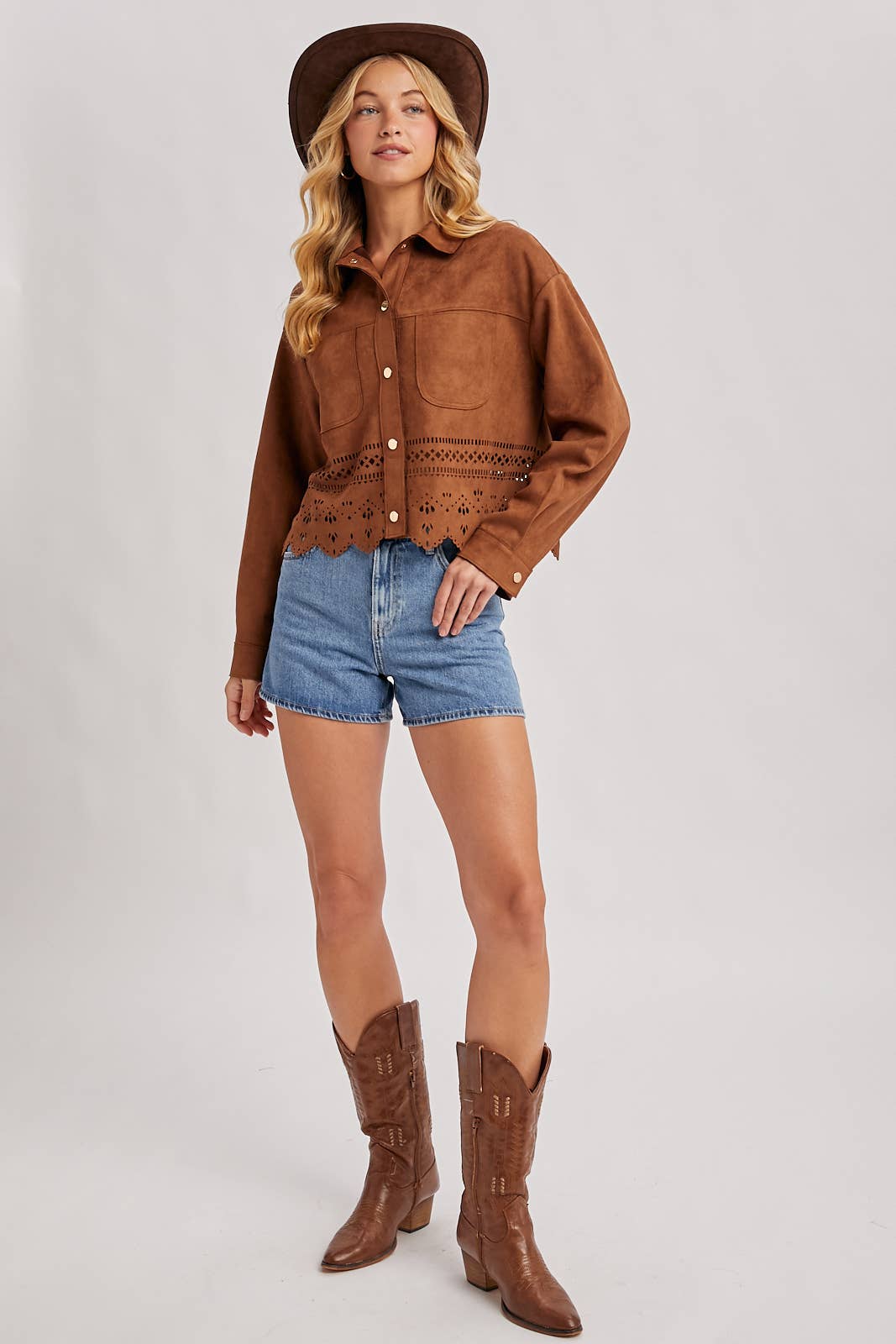 WESTERN BUTTON DOWN DIE-CUT FAUX SUEDE CROPPED JACKET