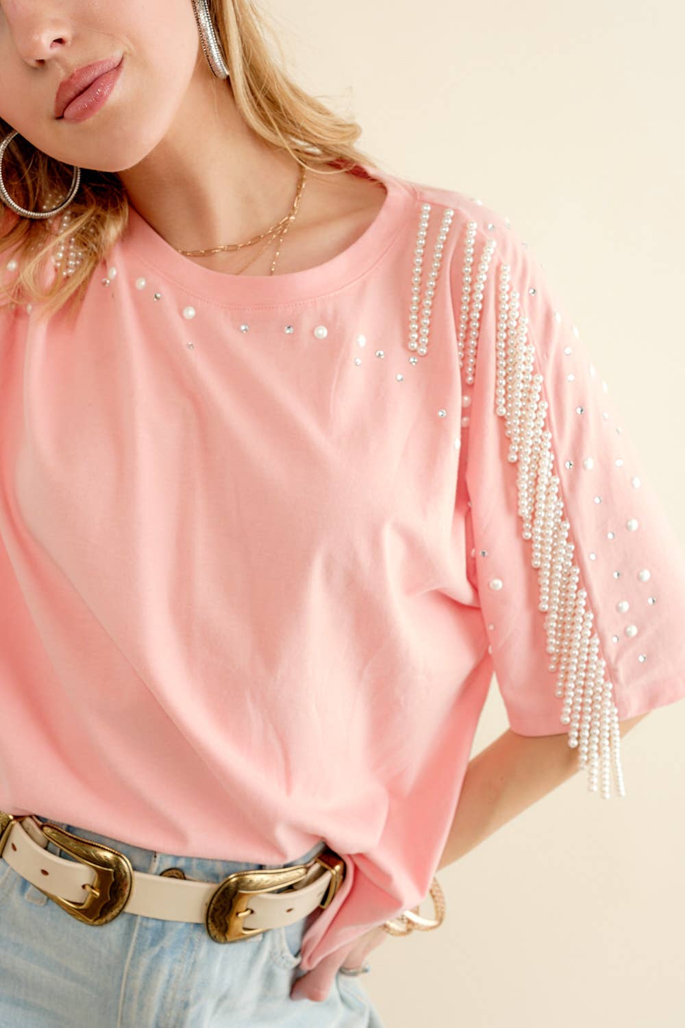 Pearl Fringe Shoulder T Shirt