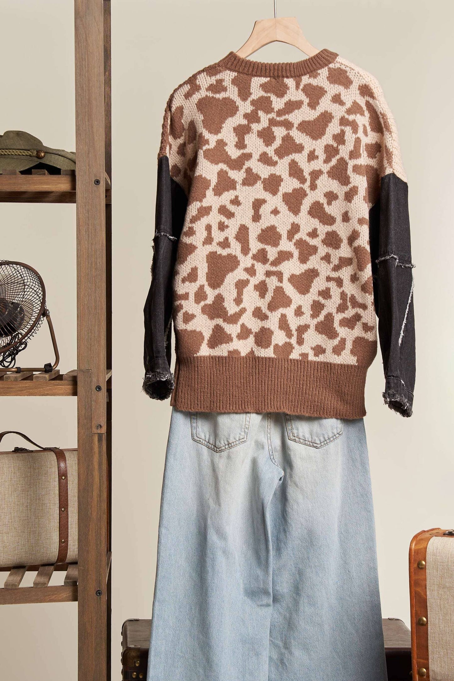 Leopard Denim Sleeve Sweater