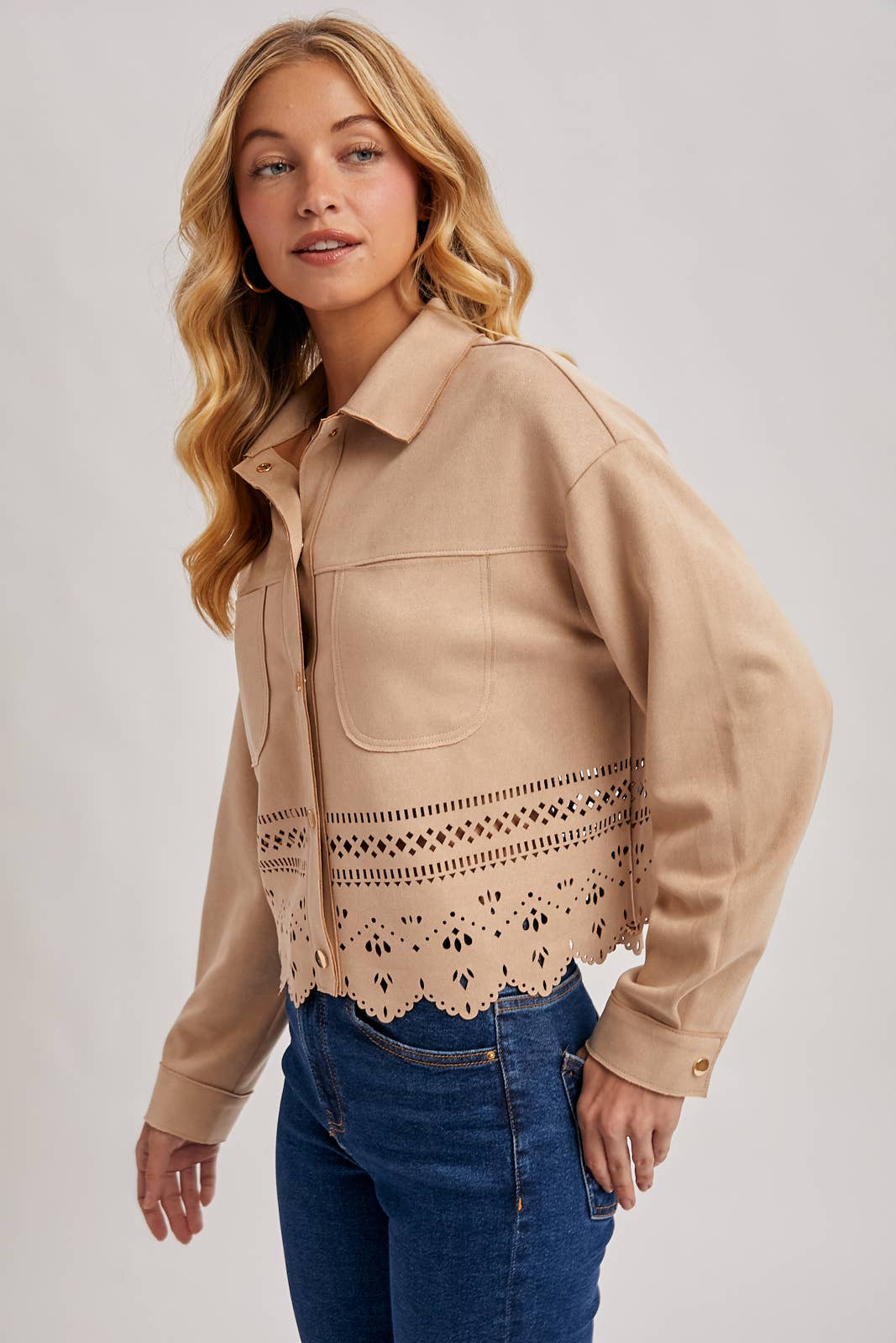 WESTERN BUTTON DOWN DIE-CUT FAUX SUEDE CROPPED JACKET