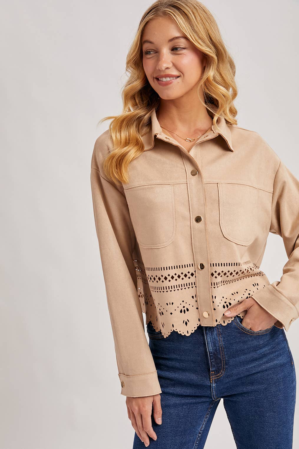 WESTERN BUTTON DOWN DIE-CUT FAUX SUEDE CROPPED JACKET