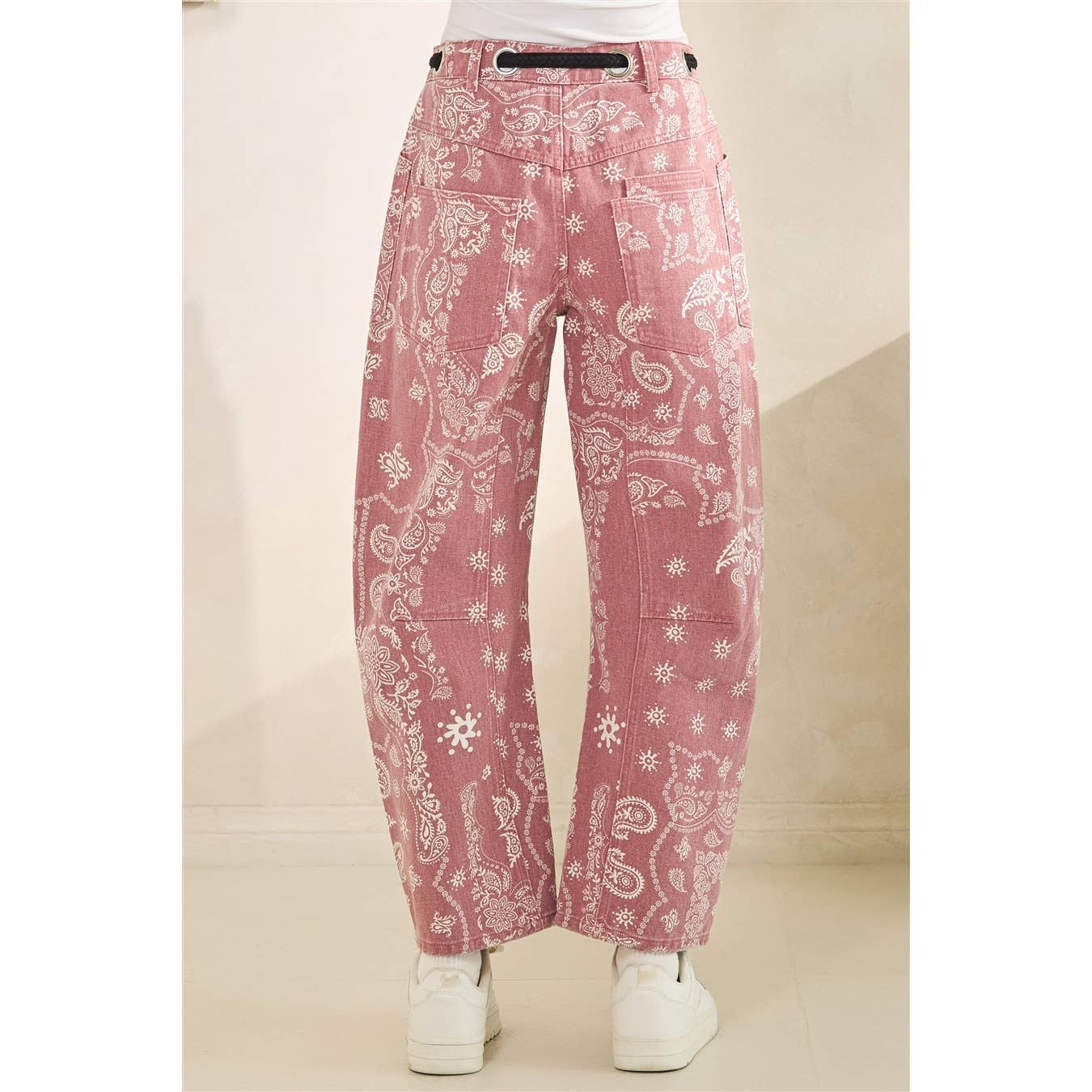 Printed Denim Pants with Belt Detail
