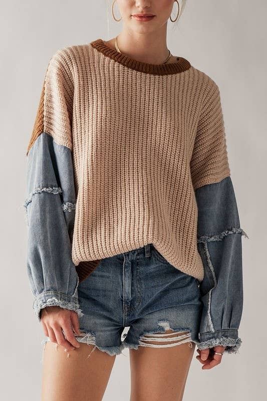 Block Denim Sleeve Casual Sweater