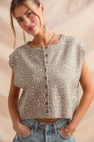 Vintage Leopard Print Button Front Vest Top