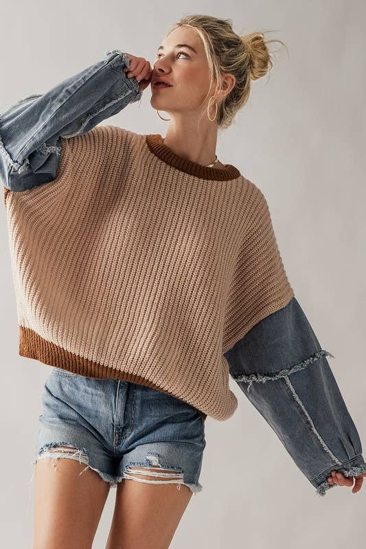 Block Denim Sleeve Casual Sweater